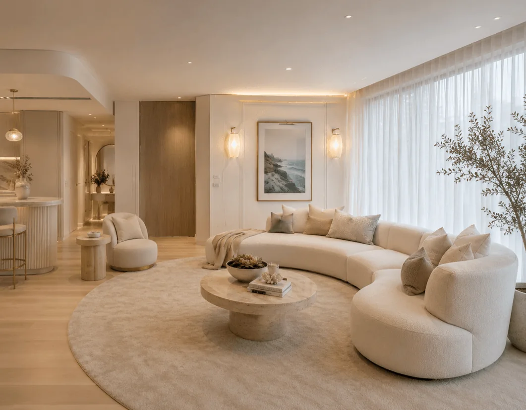 Warm neutral Gold Coast apartment living area after property styling
